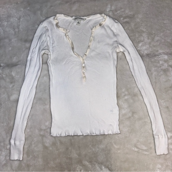 Y2K Banana Republic White V-Neck Ribbed Long Sleeve Top Size XS - Picture 2 of 8